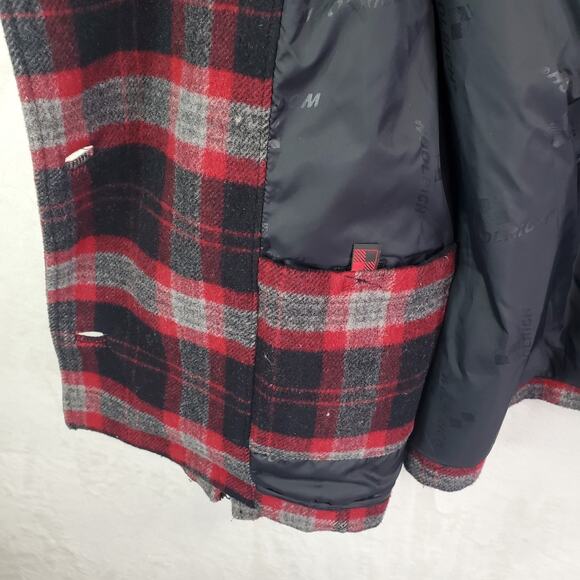 Vtg Woolrich Plaid Double Breast Pea Coat Jacket Womens Large Black Red Button - Picture 10 of 15